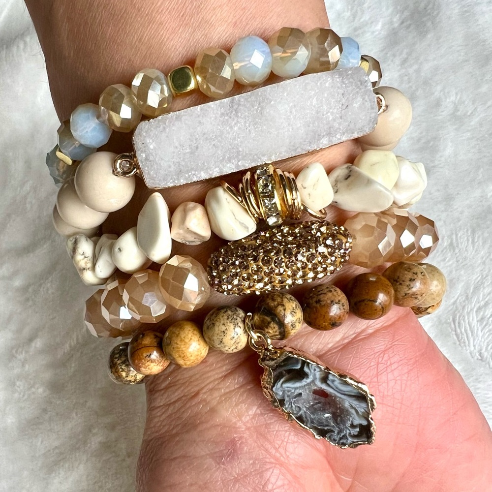 5 Bracelet Stack! Brecciated Jasper Druzy Solar Agate Mala Bead Set - Picture 3 of 6